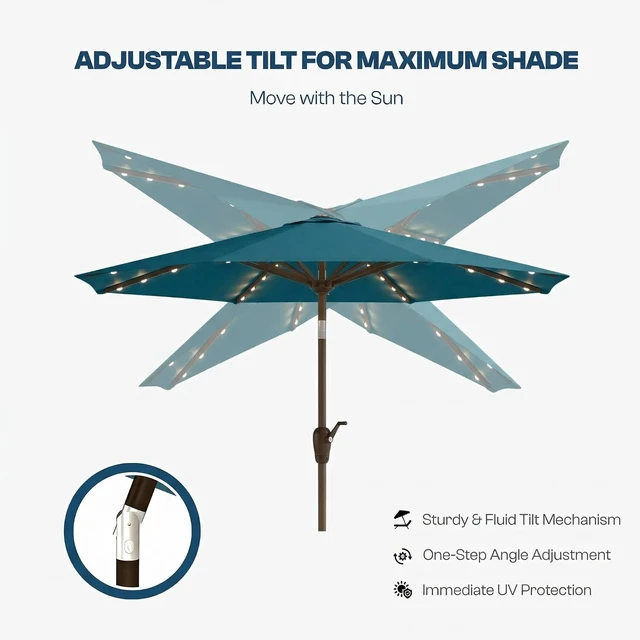 Alt view image 7 of 7 - 10FT Solar Patio Umbrella with 32 LED Lights, 8 Sturdy Ribs, Push-Button Tilt & Crank, UV-Resistant for Pool, Deck & Garden