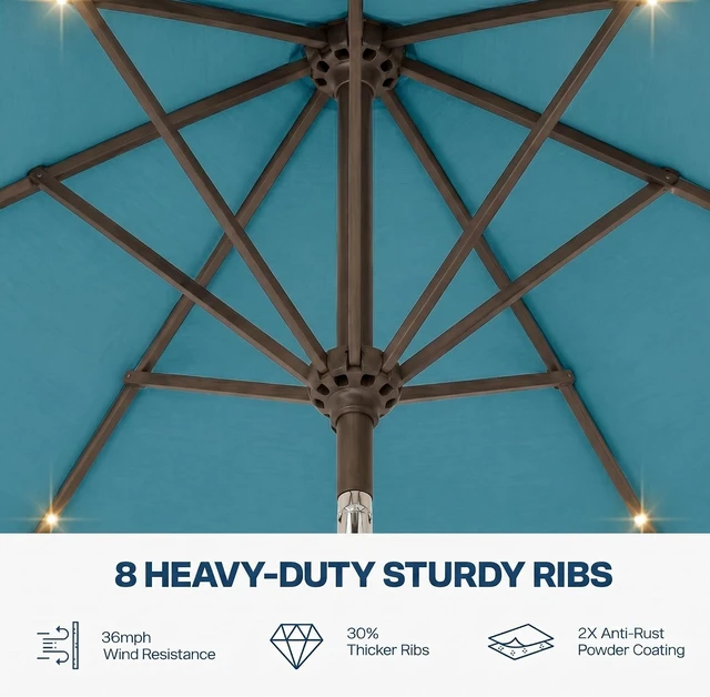 Alt view image 6 of 7 - 10FT Solar Patio Umbrella with 32 LED Lights, 8 Sturdy Ribs, Push-Button Tilt & Crank, UV-Resistant for Pool, Deck & Garden