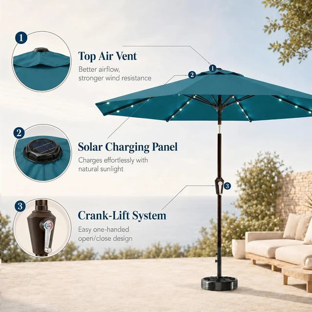 Alt view image 5 of 7 - 10FT Solar Patio Umbrella with 32 LED Lights, 8 Sturdy Ribs, Push-Button Tilt & Crank, UV-Resistant for Pool, Deck & Garden