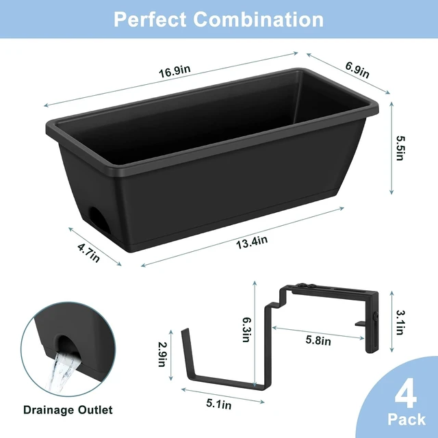 Alt view image 4 of 7 - Railing Window Box Planters with Adjustable Brackets, 4 Pack