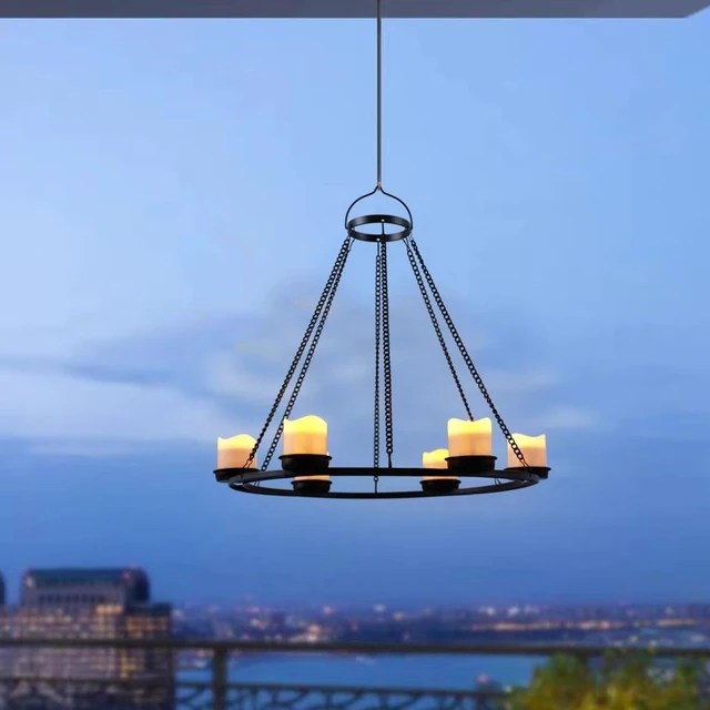 Alt view image 2 of 7 - Solar Outdoor Chandelier, Hanging Candle Lantern with 7pcs Solar Votive Lights in Matt Black Metal Holders for Home, Garden, Pergola & Gazebo