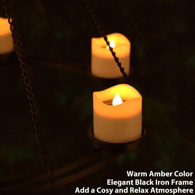 Alt view image 5 of 7 - Solar Outdoor Chandelier, Hanging Candle Lantern with 7pcs Solar Votive Lights in Matt Black Metal Holders for Home, Garden, Pergola & Gazebo