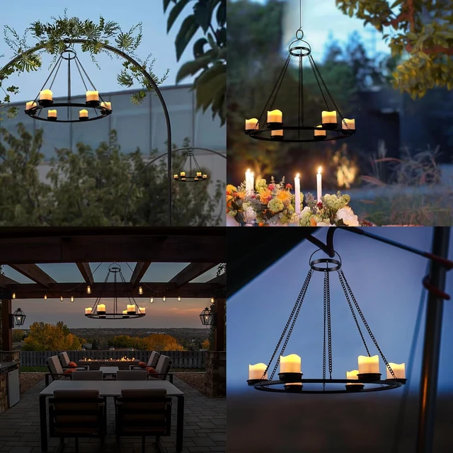 Alt view image 6 of 7 - Solar Outdoor Chandelier, Hanging Candle Lantern with 7pcs Solar Votive Lights in Matt Black Metal Holders for Home, Garden, Pergola & Gazebo