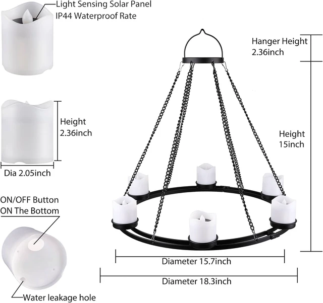 Alt view image 7 of 7 - Solar Outdoor Chandelier, Hanging Candle Lantern with 7pcs Solar Votive Lights in Matt Black Metal Holders for Home, Garden, Pergola & Gazebo