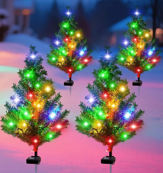Main image of Multi-Color LED Solar Christmas Tree Décor, 4-Pack Waterproof Garden Stake Lights for Pathway, Porch & Yard Holiday