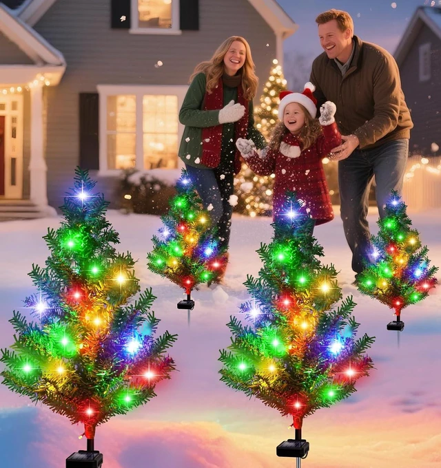 Alt view image 6 of 6 - Multi-Color LED Solar Christmas Tree Décor, 4-Pack Waterproof Garden Stake Lights for Pathway, Porch & Yard Holiday