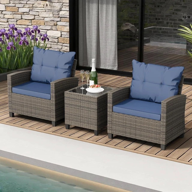 Alt view image 2 of 7 - 3-Piece PE Rattan Wicker Patio Set with Chairs & Table, Outdoor Furniture for Backyard, Garden & Poolside, Blue Cushion