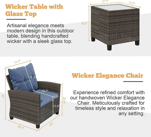 Alt view image 3 of 7 - 3-Piece PE Rattan Wicker Patio Set with Chairs & Table, Outdoor Furniture for Backyard, Garden & Poolside, Blue Cushion