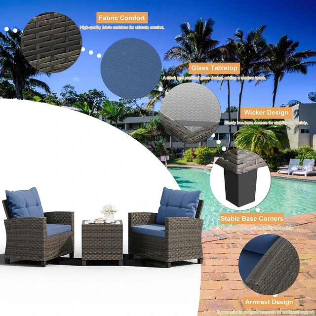Alt view image 4 of 7 - 3-Piece PE Rattan Wicker Patio Set with Chairs & Table, Outdoor Furniture for Backyard, Garden & Poolside, Blue Cushion