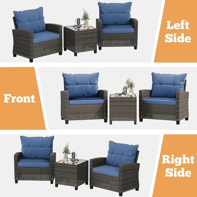Alt view image 5 of 7 - 3-Piece PE Rattan Wicker Patio Set with Chairs & Table, Outdoor Furniture for Backyard, Garden & Poolside, Blue Cushion