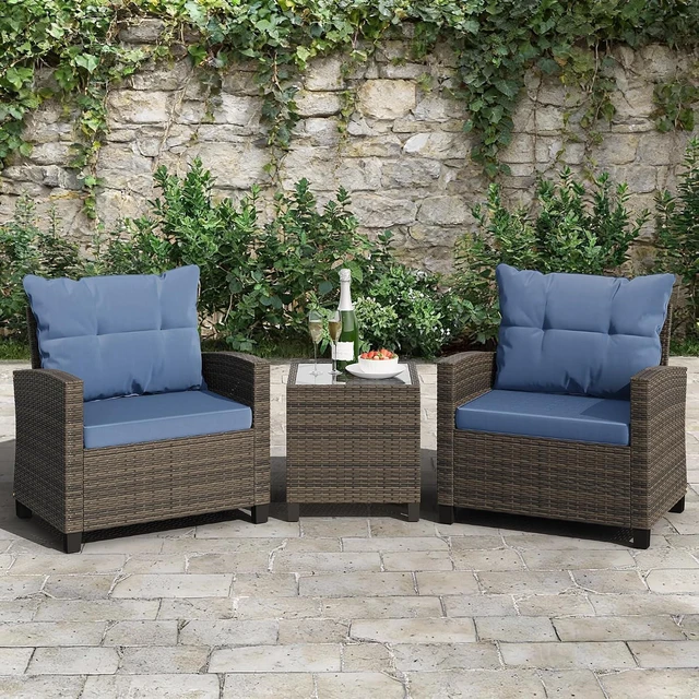 Alt view image 7 of 7 - 3-Piece PE Rattan Wicker Patio Set with Chairs & Table, Outdoor Furniture for Backyard, Garden & Poolside, Blue Cushion