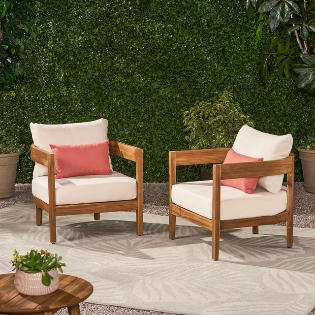 Alt view image 2 of 7 - 312395 Alfy Outdoor Club Chairs with Cushions, Teak Finish, Beige (Set of 2)