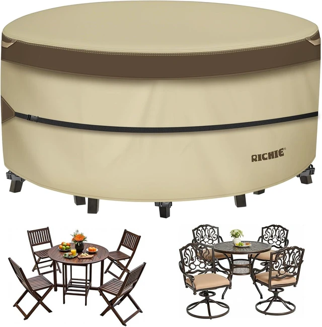 Main image of 600D Waterproof Round Patio Furniture Cover, All-Weather Anti-UV Windproof Dining Set Cover (62" DIA x 28"H)