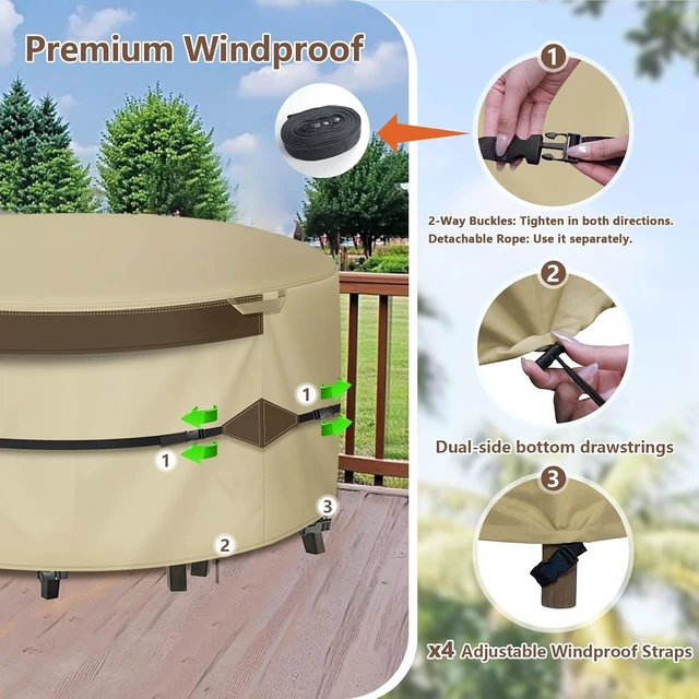 Alt view image 2 of 7 - 600D Waterproof Round Patio Furniture Cover, All-Weather Anti-UV Windproof Dining Set Cover (62" DIA x 28"H)
