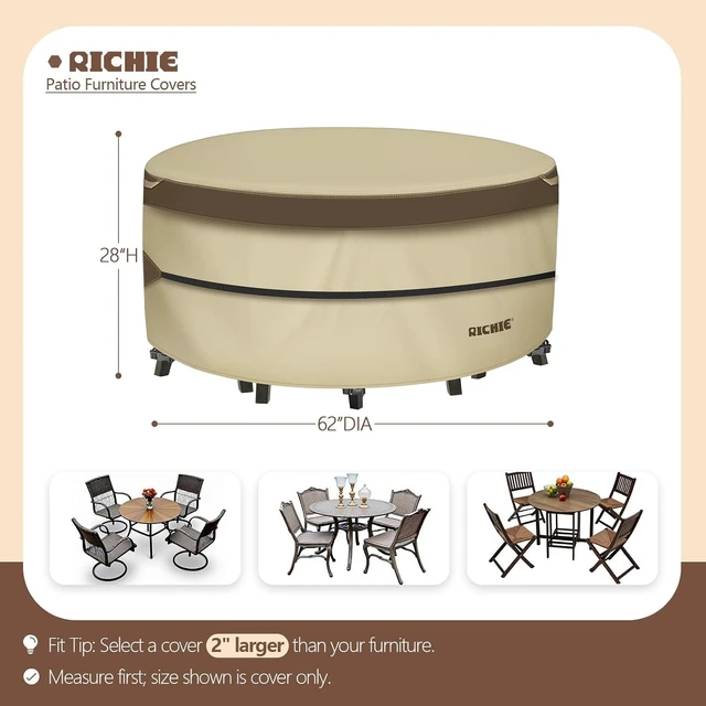 Alt view image 7 of 7 - 600D Waterproof Round Patio Furniture Cover, All-Weather Anti-UV Windproof Dining Set Cover (62" DIA x 28"H)