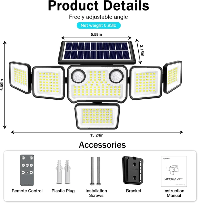 Alt view image 3 of 7 - 6000LM Waterproof Solar Flood Lights, 6 Heads 310 LED with 2 Motion Sensors & Remote for Yard, House & Patio, 2 Pack