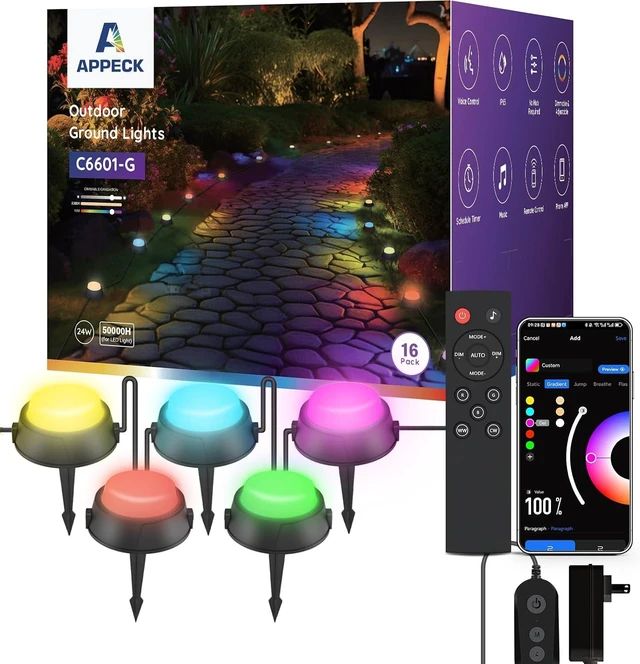 Main image of 50FT RGBW Wired Pathway Ground Lights, 16 Pack Outdoor