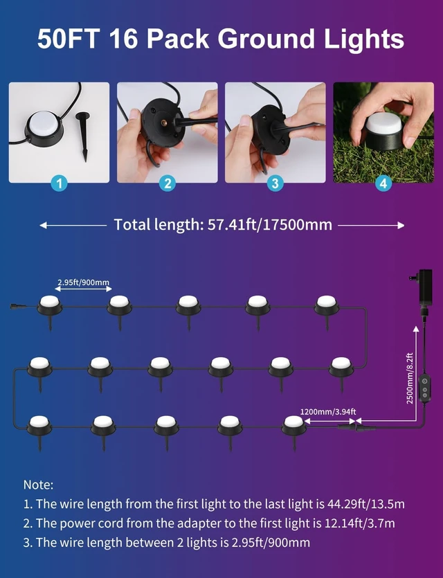 Alt view image 3 of 7 - 50FT RGBW Wired Pathway Ground Lights, 16 Pack Outdoor