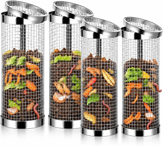Main image of 4PCS In-Ground Worm Composting Bin, Stainless Steel with Holes & Lid, Turns Food Waste into Nutrient-Rich Soil for Garden & Backyard