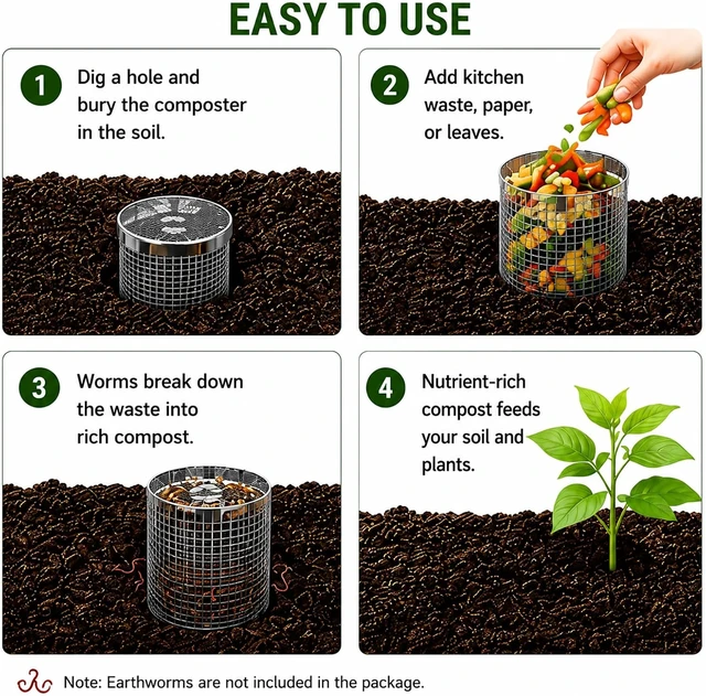 Alt view image 2 of 7 - 4PCS In-Ground Worm Composting Bin, Stainless Steel with Holes & Lid, Turns Food Waste into Nutrient-Rich Soil for Garden & Backyard