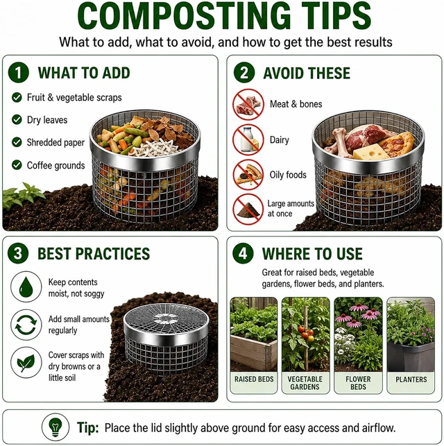 Alt view image 3 of 7 - 4PCS In-Ground Worm Composting Bin, Stainless Steel with Holes & Lid, Turns Food Waste into Nutrient-Rich Soil for Garden & Backyard