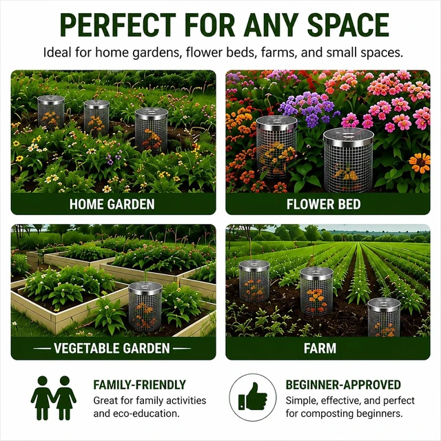 Alt view image 4 of 7 - 4PCS In-Ground Worm Composting Bin, Stainless Steel with Holes & Lid, Turns Food Waste into Nutrient-Rich Soil for Garden & Backyard