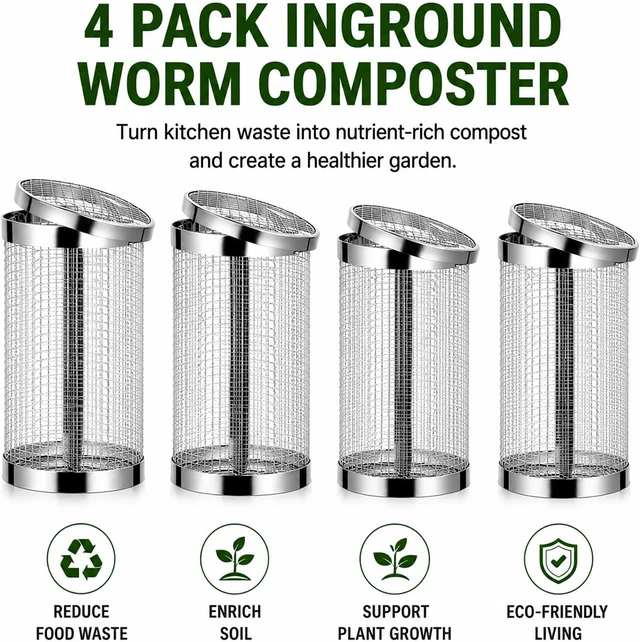 Alt view image 7 of 7 - 4PCS In-Ground Worm Composting Bin, Stainless Steel with Holes & Lid, Turns Food Waste into Nutrient-Rich Soil for Garden & Backyard