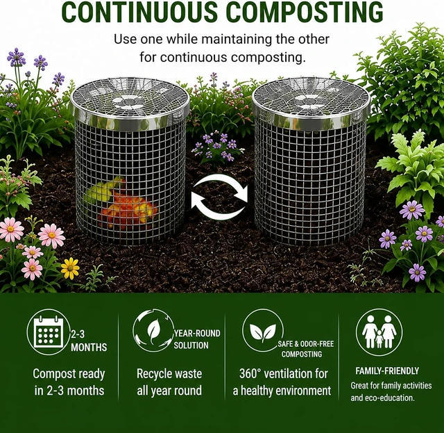 Alt view image 6 of 7 - 4PCS In-Ground Worm Composting Bin, Stainless Steel with Holes & Lid, Turns Food Waste into Nutrient-Rich Soil for Garden & Backyard