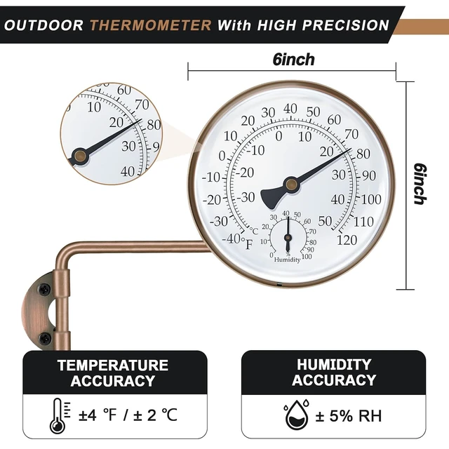 Alt view image 3 of 7 - 6-Inch Brass Outdoor Thermometer & Humidity Gauge, Large Swivel Dial