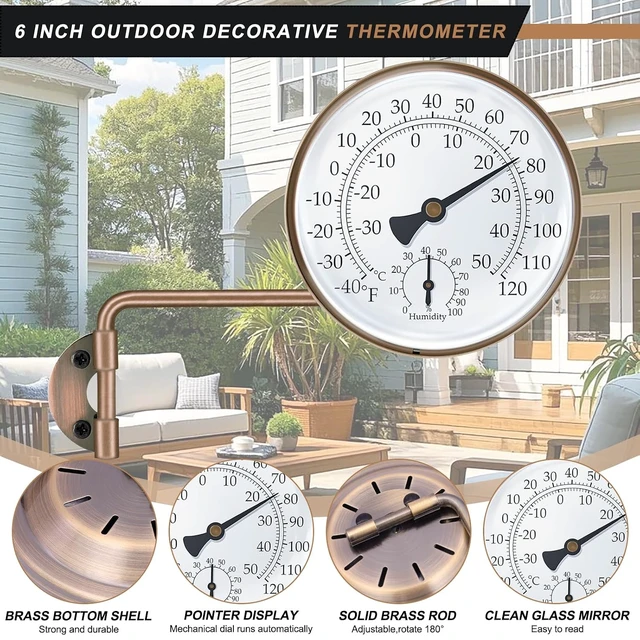 Alt view image 6 of 7 - 6-Inch Brass Outdoor Thermometer & Humidity Gauge, Large Swivel Dial