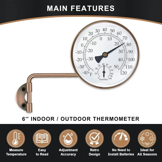 Alt view image 4 of 7 - 6-Inch Brass Outdoor Thermometer & Humidity Gauge, Large Swivel Dial