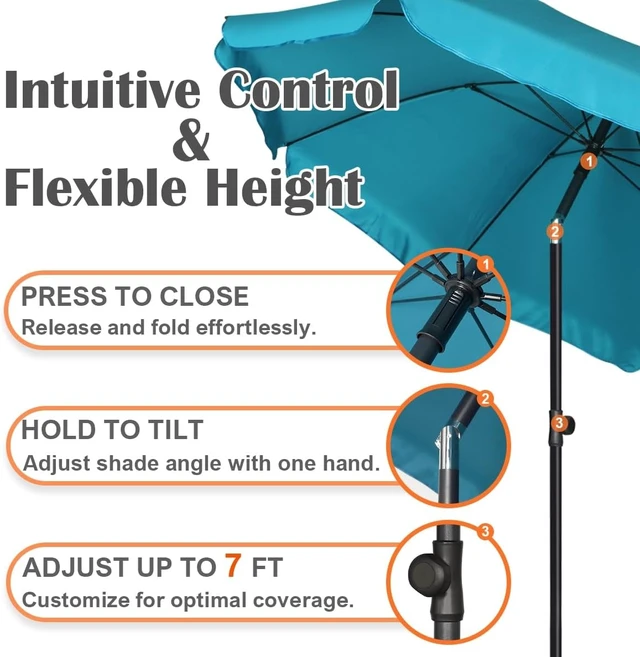Alt view image 2 of 7 - 6.5ft Patio Market Umbrella with Push-Button Tilt & Height Adjust, UV50+ Protection, Fiberglass Ribs & Iron Pole for Garden, Backyard & Beach