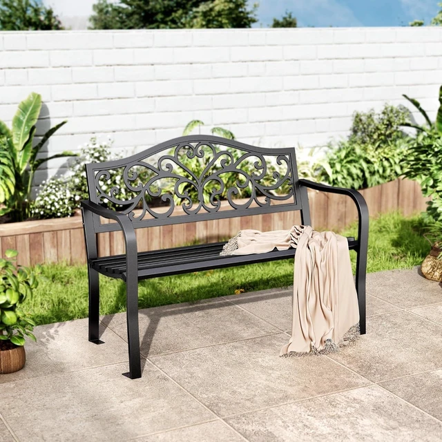 Main image of Black 43.7-Inch Cast Iron Garden Bench with Floral Backrest