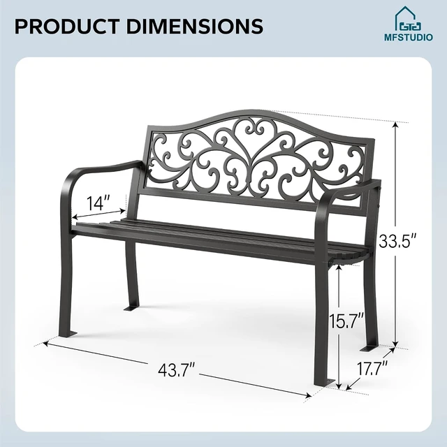 Alt view image 2 of 7 - Black 43.7-Inch Cast Iron Garden Bench with Floral Backrest