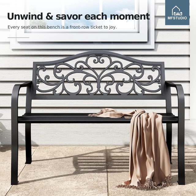Alt view image 3 of 7 - Black 43.7-Inch Cast Iron Garden Bench with Floral Backrest
