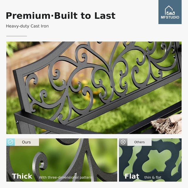 Alt view image 4 of 7 - Black 43.7-Inch Cast Iron Garden Bench with Floral Backrest