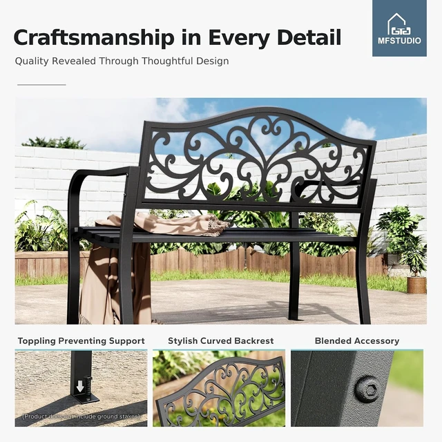 Alt view image 7 of 7 - Black 43.7-Inch Cast Iron Garden Bench with Floral Backrest