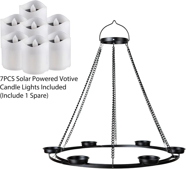 Alt view image 3 of 7 - Solar Outdoor Chandelier, Hanging Candle Lantern with 7pcs Solar Votive Lights in Matt Black Metal Holders for Home, Garden, Pergola & Gazebo
