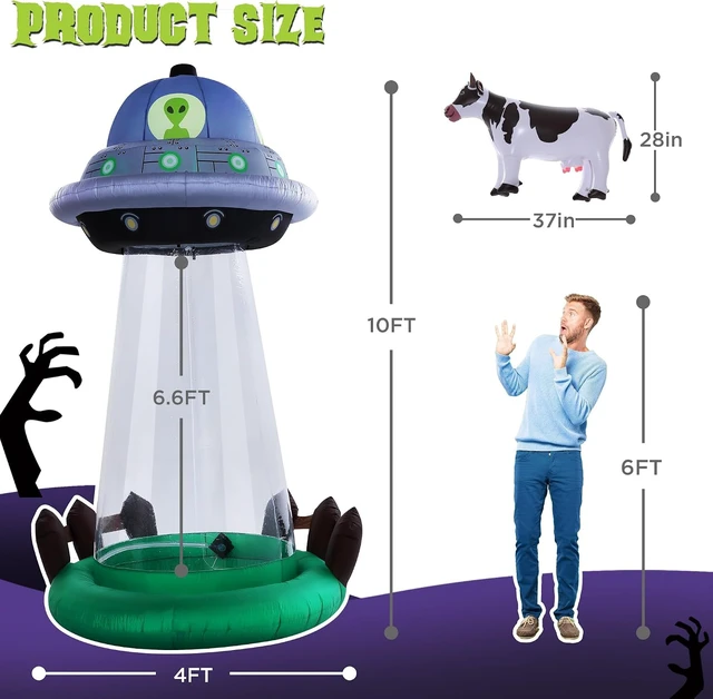 Alt view image 3 of 7 - 10 FT Halloween Inflatable UFO with Floating Cow, Outdoor Décor