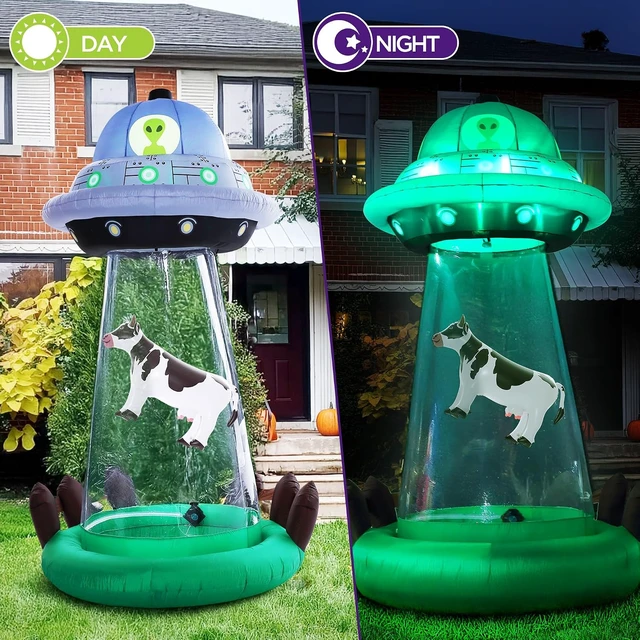 Alt view image 6 of 7 - 10 FT Halloween Inflatable UFO with Floating Cow, Outdoor Décor