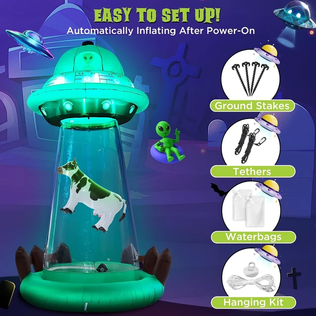 Alt view image 7 of 7 - 10 FT Halloween Inflatable UFO with Floating Cow, Outdoor Décor