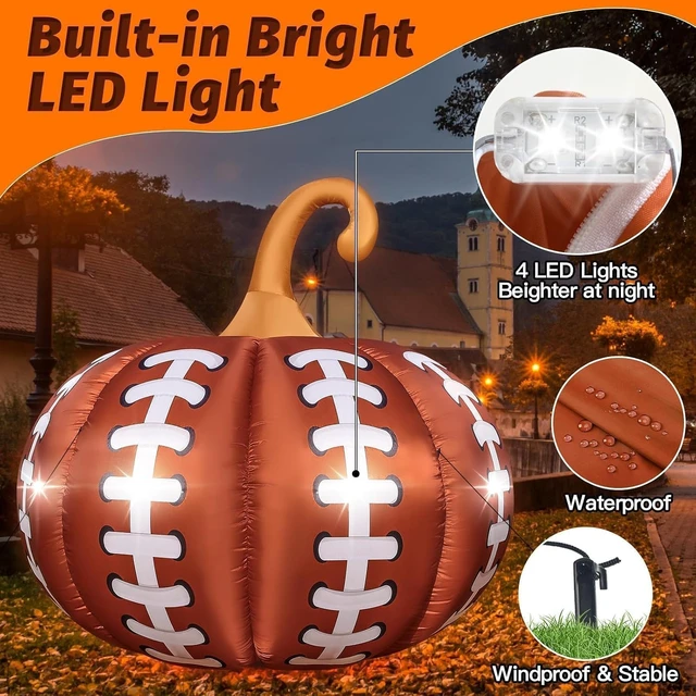 Alt view image 5 of 7 - 4.6FT Giant Football Pumpkin Inflatable with 4 LED Lights, Thanksgiving Blow-Up Décor for Garden, Yard & Lawn