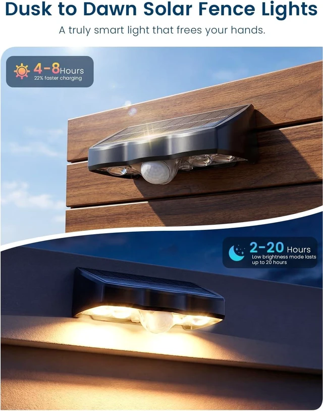Alt view image 6 of 7 - Warm White Solar Fence Lights with Motion Sensor, 3 Modes IP65 Waterproof Dusk-to-Dawn for Patio, Deck & Backyard, 6 Pack