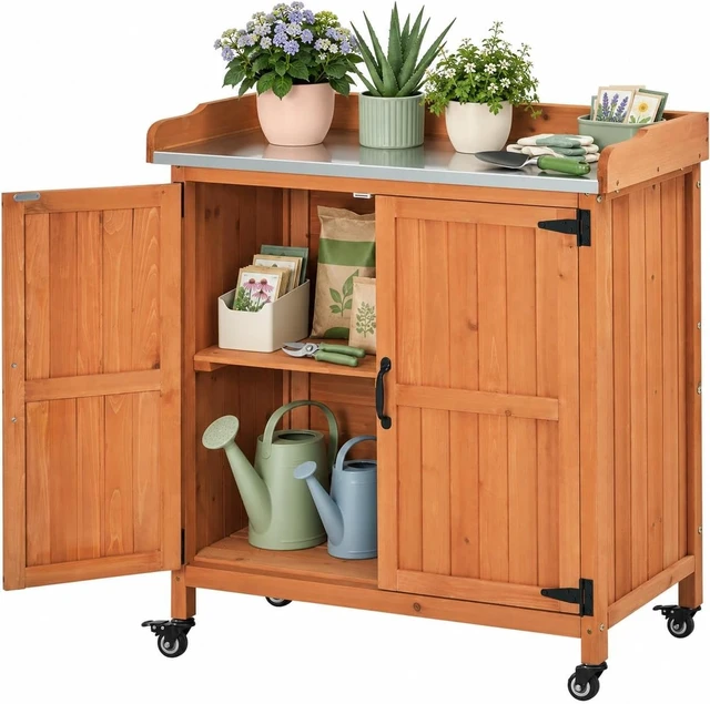 Main image of Brown Rolling Potting Bench with Metal Top, Outdoor Storage Cabinet