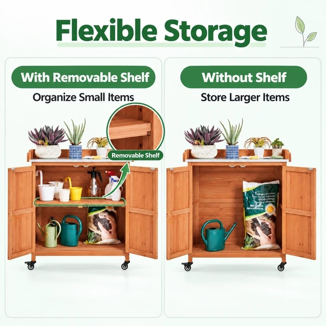 Alt view image 2 of 7 - Brown Rolling Potting Bench with Metal Top, Outdoor Storage Cabinet