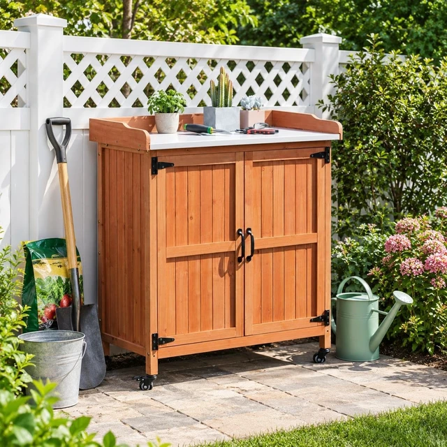 Alt view image 3 of 7 - Brown Rolling Potting Bench with Metal Top, Outdoor Storage Cabinet