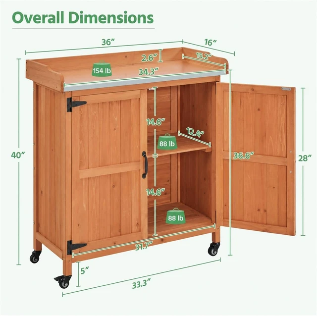 Alt view image 4 of 7 - Brown Rolling Potting Bench with Metal Top, Outdoor Storage Cabinet