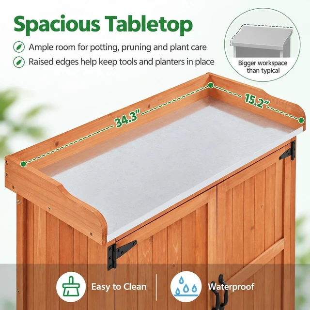 Alt view image 5 of 7 - Brown Rolling Potting Bench with Metal Top, Outdoor Storage Cabinet