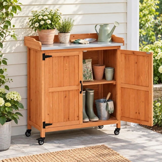 Alt view image 6 of 7 - Brown Rolling Potting Bench with Metal Top, Outdoor Storage Cabinet