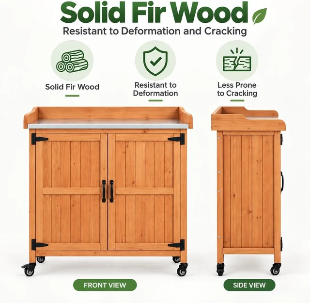 Alt view image 7 of 7 - Brown Rolling Potting Bench with Metal Top, Outdoor Storage Cabinet